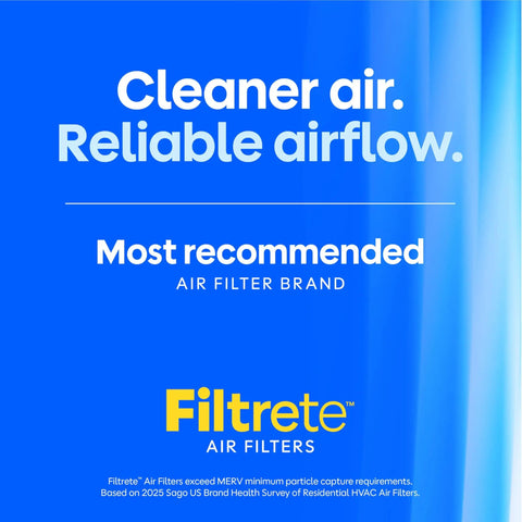 Image displaying text 'Cleaner air. Reliable airflow. Most recommended air filter brand' with Filtrete logo on blue background.