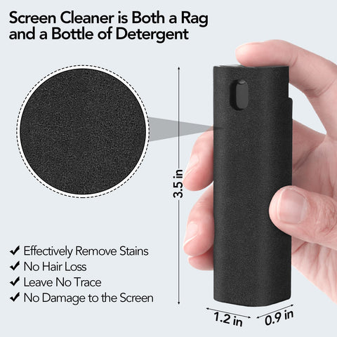 Hand holding 2 Pcs All In One Fingerprint Proof Screen Cleaner 3 In 1 Touchscreen Mist Spray Wipe Kit with Soft Microfiber Flannel