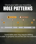 Diagram of hole patterns for mounting Beefy Heavy Duty Cast Iron Table Saw Router Extension Wing 27 By 16 Inches.