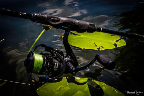 Carbon X Spinning Fishing Reel Ultra Light Carbon Fiber Body And Rotor Six Point Two To One High Speed Gear Ten Plus One Shielded Bearings Smooth Power For Freshwater And Saltwater Fishing 3000 Series shown in water with green line.