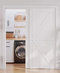 Closet Sliding Barn Doors Set, 72 Inches By 80 Inches, Double K Shape Panels, MDF With PVC Surface, White Finish, Installed View