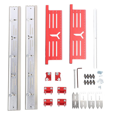 Components of Slab Flattening Router Sled for Woodworking Aluminum Alloy Slab Jig, showing assembly parts for up to 23.23 inches wide boards.