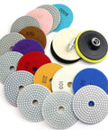 4 Inch Diamond Polishing Pads Kit With 5 8 11 Backer Pad 12 Pcs Wet Dry Granite Marble Concrete Quartz Polishing Pads Range 50 6000 Grit For Drill Grinder Polisher Pro Grade arranged with various colored pads and backer pad