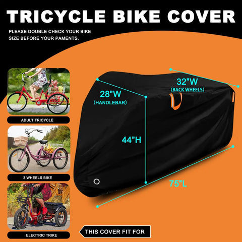 Adult Tricycle Cover Durable 420D Oxford Cloth Windproof Buckle Lock Hole Heavy Duty Weatherproof Shield For 3 Wheel And Electric Trikes Fits Most Bikes Indoors Or Outdoors Rain Or Shine Ready Garage Or Home, black cover with 75L x 28/32W x 44H size guide