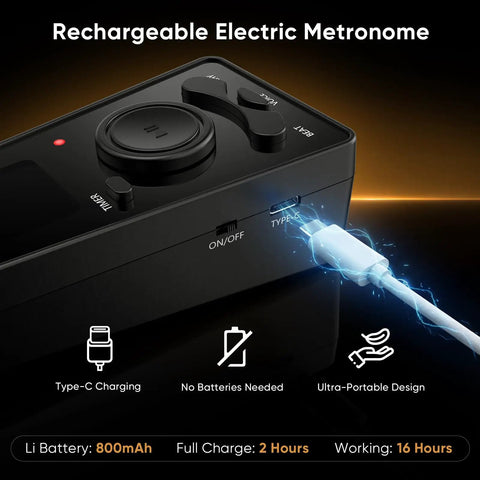 Rechargeable electric metronome with Type-C charging, compact design, from Digital Metronome For Piano Guitar Drums With Clear LCD Screen.