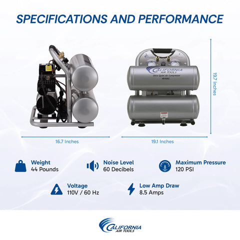 Silent Beast Twin Tank Air Compressor With 1.0HP Oil Free Dual Pump And 4.6 Gallon Aluminum Tank dimensions and specifications overview.