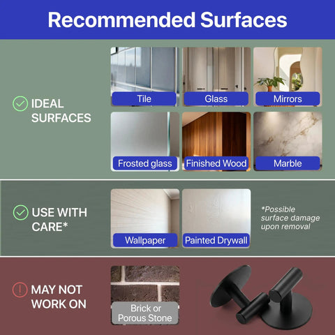 Recommended surfaces for Heavy Duty Peel And Stick Wall Hooks Engineered For Clutter Free Homes including tile, glass, and marble.