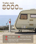 Trailer jack 8000 lb, aluminum/steel, 28.6-in lift, Amazon brand, shown beside RV trailer on beach