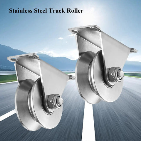 Heavy Duty Stainless Steel V Groove Gate Track Roller For Sliding Gates With Double Bearing Wheels Set Of 2 shown on track