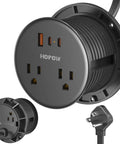 Dual Sided Desk Grommet Power Strip With Four AC Outlets And Three USB Ports Including Two Type C Connectors side view with black finish.