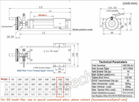 Rock Solid Linear Stage Actuator With SFU1605 Ball Screw And Manual Guide dimensions and technical specifications diagram