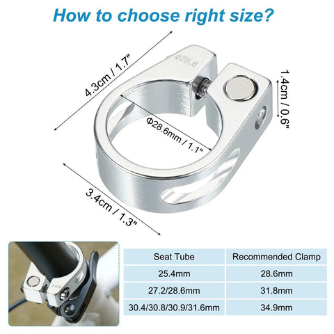 28.6mm Aluminum Bike Seat Post Clamp Quick Release For Mountain, Road, Track And Folding Bikes with measurements guide