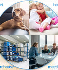 Image collage: pet dog on couch, children playing, warehouse storage, and office meeting for Ultra Compact WiFi Spy Camera use.