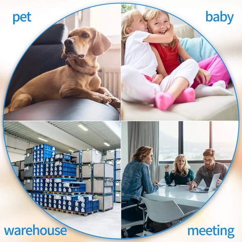 Image collage: pet dog on couch, children playing, warehouse storage, and office meeting for Ultra Compact WiFi Spy Camera use.