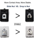 Comparison of slide nut and drop-in nut for 20 Sets 2020 Aluminum Extrusion T Slot Corner Brackets Kit With 40 M5 Bolts Nuts And 40 T Slot Nuts For 20X20 2040 80X20 Aluminum Rails