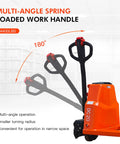 Heavy Duty Electric Pallet Jack With 4400 Lb Capacity Lithium Ion Battery Powered Pallet Truck Low Profile Design For Warehouse Material Handling showing multi-angle spring loaded work handle.