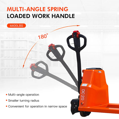 Heavy Duty Electric Pallet Jack With 4400 Lb Capacity Lithium Ion Battery Powered Pallet Truck Low Profile Design For Warehouse Material Handling showing multi-angle spring loaded work handle.