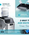 Countertop Ice Cube Maker Machine With 24 Cubes Fast Ice In 13 Minutes, 45 Lbs Per Day, 2 Water Inlets, Silver model with barrel and manual water option shown