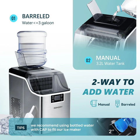 Countertop Ice Cube Maker Machine With 24 Cubes Fast Ice In 13 Minutes, 45 Lbs Per Day, 2 Water Inlets, Silver model with barrel and manual water option shown