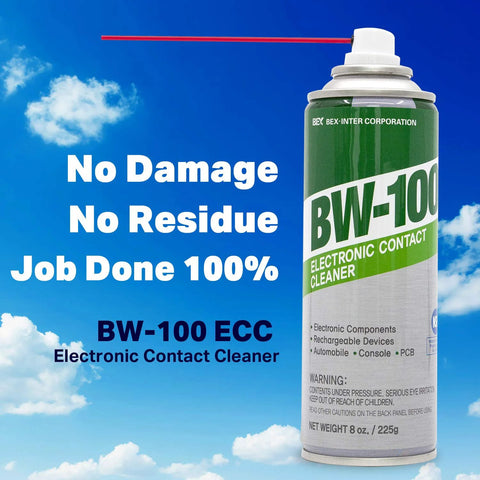 BW-100 electronic contact cleaner aerosol can with green and white label, 8 oz, front view