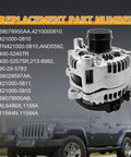 High Output 300 Amp Alternator Replacement For Jeep Wrangler JK 3.6L V6 2012 Through 2018 Drop In Install With OE Style Fit And 421000 0810 68078950AA Compatibility shown above a Jeep Wrangler JK.
