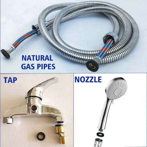 Collage of natural gas pipes, a faucet with gasket, and a shower nozzle with rubber washer.