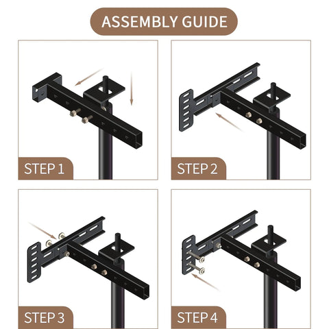 Assembly guide showing steps for Built Rock Solid Headboard Brackets For Metal Bed Frames Adjustable Universal Extensions.