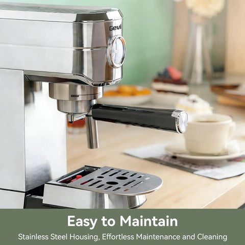 Espresso Machine 20 Bar With Auto Milk Frother And Steam Wand in a stainless steel finish on a kitchen counter