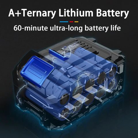 Heavy Duty Electric Wire Puller With Infinitely Variable Speed For Complex Piping And Threading Through Walls battery image showing A+ Ternary Lithium design.
