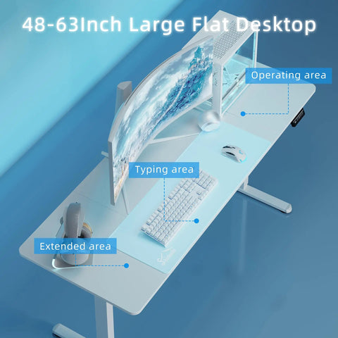 Big Shintenchi Standing Desk 63x24 Inch Electric Adjustable Height Ergonomic Lift Computer Table Modern White with keyboard and monitor setup.