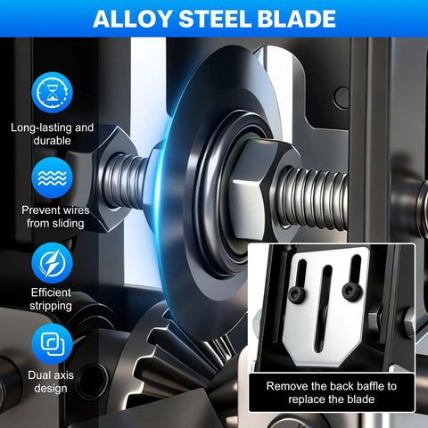 Close-up of alloy steel blade and dual axis design in Dual Operation Wire Stripper Machine With Hand Crank And Drill Drive For Scrap Copper Cable Recycling Heavy Duty Fast Cable Peeling Tool Built Like A Tank For The Daily Grind.