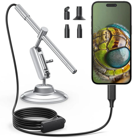 USB C Digital Microscope For Dope Close Ups With 10X To 200X Zoom, showing handheld camera with metal stand and connection to iPhone 15 Plus