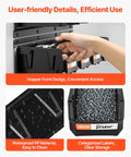 Garage Must Have Wall Mounted Storage Bins Space Saving Organizer With 12 Plastic Bins and 3 Metal Rails, front view with hand accessing bin.