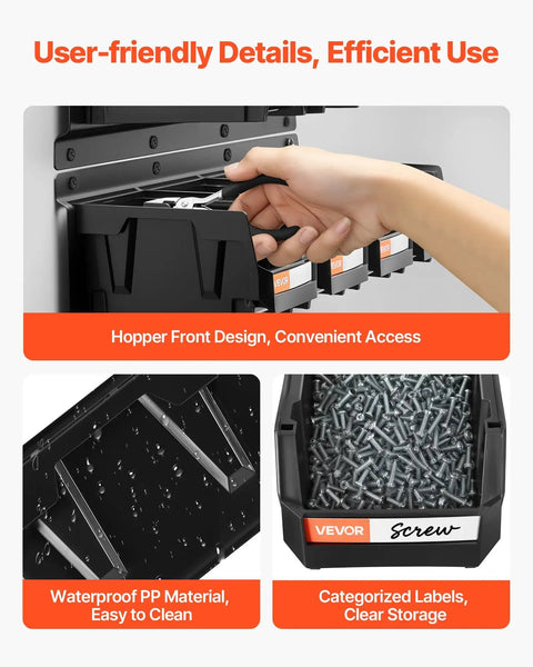 Garage Must Have Wall Mounted Storage Bins Space Saving Organizer With 12 Plastic Bins and 3 Metal Rails, front view with hand accessing bin.