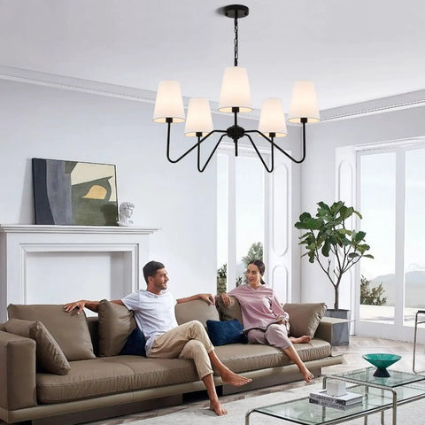 Dope Modern 5 Arm Pendant Chandelier For Dining Room With White Fabric Shades Matte Black Finish 30 Inch Diameter Height Adjustable Ceiling Light Over Table For Living Room Hallway Bedroom