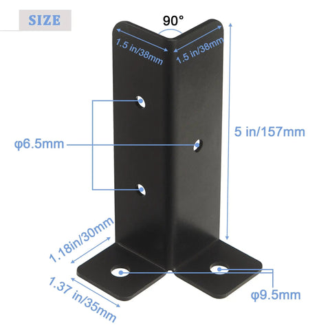 Front view of 8Pcs Adjustable Post Anchor Brackets Kit Heavy Duty Wood Fence Base Brackets fits 1.5x1.5 to 4x4 posts, size details shown.