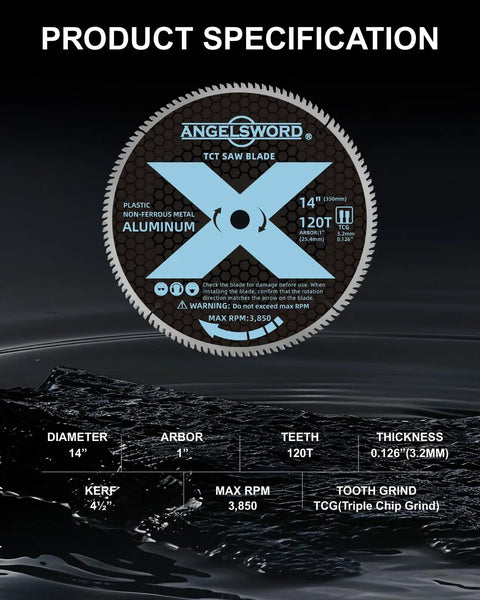 14 Inch Aluminum Miter Saw Blade 120 Tooth For Non Ferrous Metal Cutting With 1 Inch Arbor Triple Chip Grind Tungsten Carbide Teeth For Fast Smooth Burr Free Cuts And Top Notch Heat Resistance shown with specifications