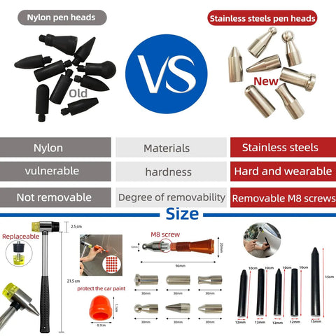 Paintless Car Dent Repair Tools Kit With Large Slide Puller And Dent Rods Crowbar For Easy Ding Fix Auto Body Dent Lifter Set For Pro Shops And DIY Dings Hail Damage Repair Equipment comparison of nylon vs stainless steel pen heads with sizes and details visible