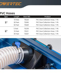 Chart of PVC hose sizes above image of Two And A Half Inch Flexible PVC Dust Collection Hose, 50 Ft Long Spiral Clear Vacuum Hose Reinforced With Spring Steel attached to machinery