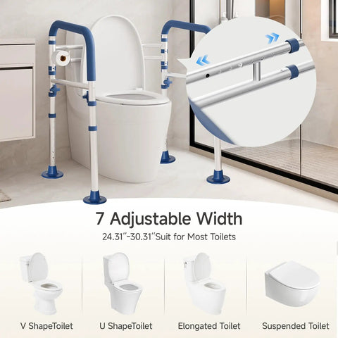 Rock-solid Aluminum Toilet Safety Frame And Adjustable Rail For Seniors Extends From 24 To 30 Inches by a toilet with adjustable width.