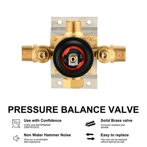 High Pressure Rain and Handheld Shower Head System With Valve, 48 Settings brass pressure balance valve on white background