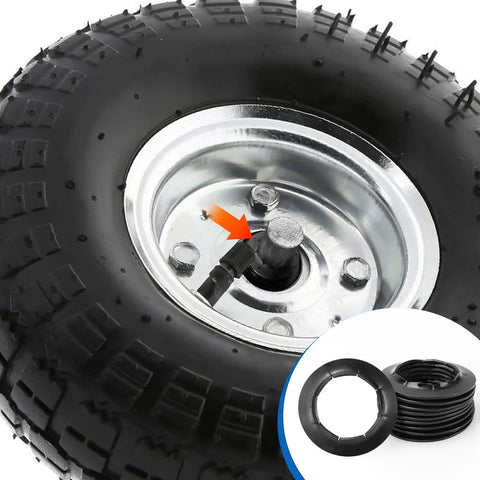 Heavy Duty Push Nuts For Dolly Wheel Lock Washers Fits Five Eighths Inch Dolly Axle Rods Spring Steel Push On Nuts With Oiled Phosphate Finish 10 Pack with close-up of installed nut on wheel