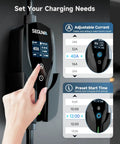 Heavy Duty Level 2 Ev Charger For Tesla With Nacs Cord And Nema 14-50 Plug At Forty Amps showing adjustable charging settings.