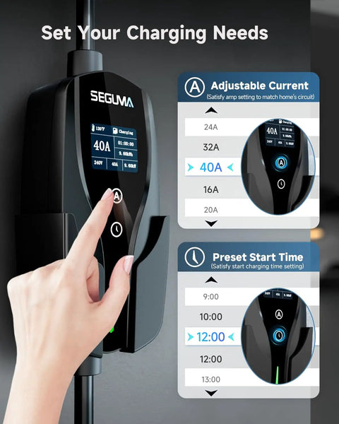Heavy Duty Level 2 Ev Charger For Tesla With Nacs Cord And Nema 14-50 Plug At Forty Amps showing adjustable charging settings.