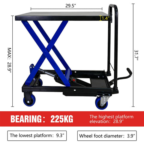 Hydraulic lift trolley with blue scissor arms on a black steel frame, four wheels, 29.5in platform