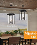 Outdoor Pendant Light Exterior Hanging Lantern In Matte Black With Clear Seeded Glass Large Porch Light No Fuss Weatherproof Aluminum Construction For Durable Outdoor Use displayed on a patio with adjustable chain and dimensions labeled.