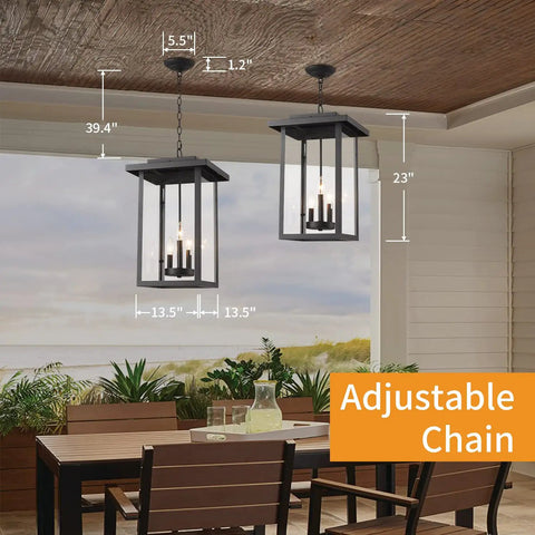 Outdoor Pendant Light Exterior Hanging Lantern In Matte Black With Clear Seeded Glass Large Porch Light No Fuss Weatherproof Aluminum Construction For Durable Outdoor Use displayed on a patio with adjustable chain and dimensions labeled.