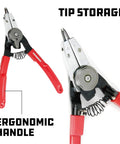 Close-up of Combo Snap Ring Pliers With Internal And External Switch, featuring ergonomic red handles and tip storage.
