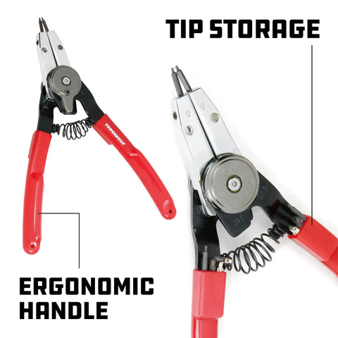 Close-up of Combo Snap Ring Pliers With Internal And External Switch, featuring ergonomic red handles and tip storage.