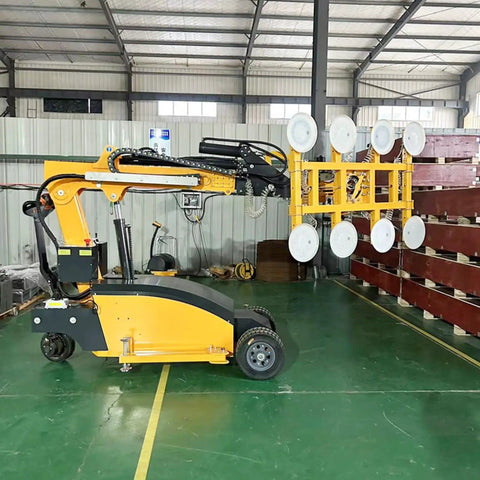 Heavy Duty Electric Glass Vacuum Lifter delivering rock solid suction grip for moving large metal plates in a warehouse.